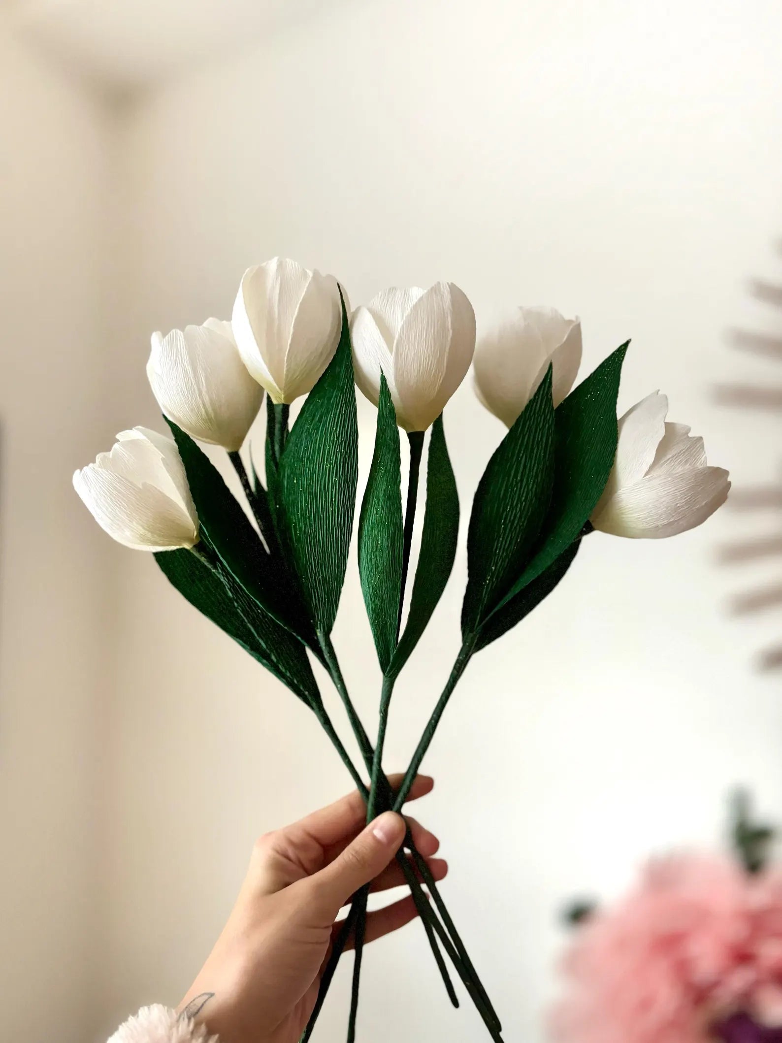 White tulip made of premium Italian crepe paper